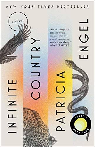 "infinite country" cover featuring alternative rainbow gradients with illustrations of a snake, a big cat, and the wing of a large bird.